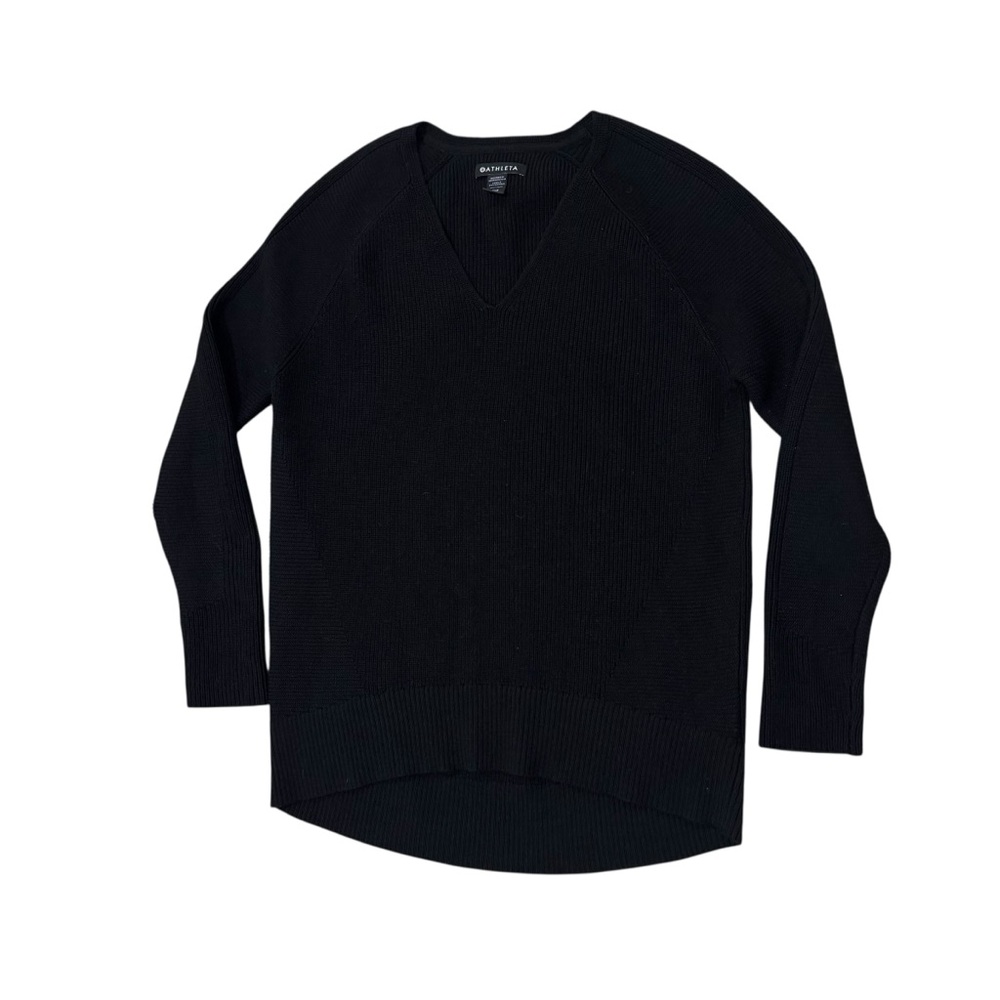 Athleta V Neck Hanover Sweater Black Merino Wool Blend Size XXS